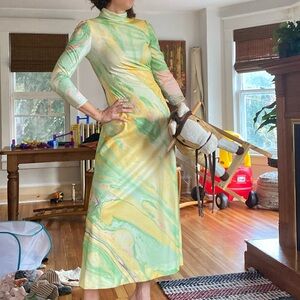 70s vintage Don Luis de España psychedellic marble maxi green mint dress retro